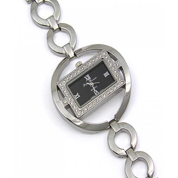 Lady Watch - Rhinestone Square Shape Frame w/ Loop Links Band - Black - WT-L80670BK