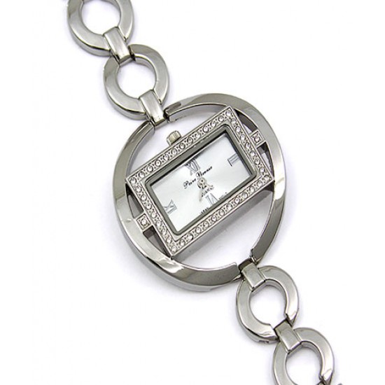 Lady Watch - Rhinestone Square Shape Frame w/ Loop Links Band - Silver - WT-L80670SV 