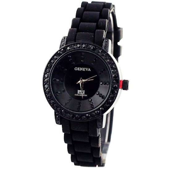 Lady Watch - Silicon Band w/ Rhinestone Accent - Black - WT-MN3750BK