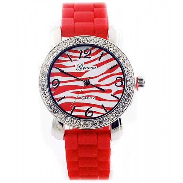 Lady Watch - Slicone Band w/ Stripest Dial - Red - WT-MN8001Z-RD