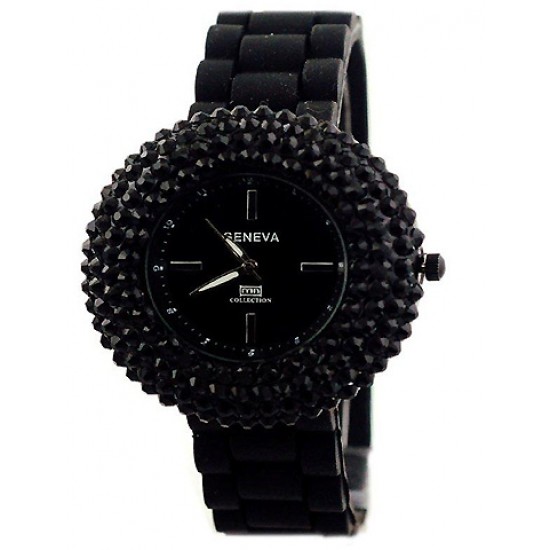 Lady Watch - Slicone Band w/ Rhinestones - Black - WT-MN8021BK