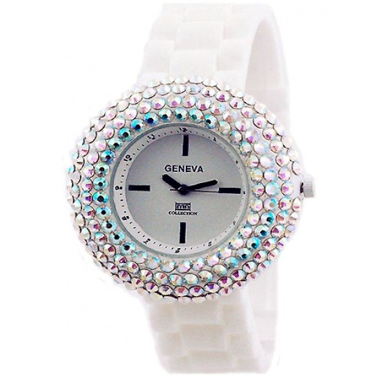 Lady Watch - Slicone Band w/ Rhinestones - White - WT-MN8021WT