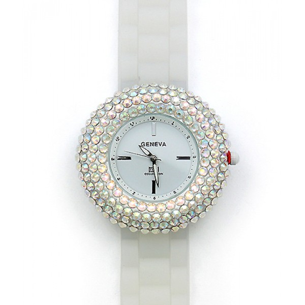 Lady Watch - Slicone Band w/ Rhinestones - White/Clear -WT-MN8021WTCL